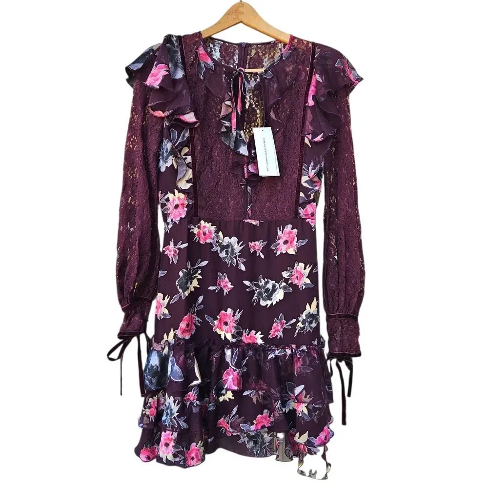 FRENCH CONNECTION Floral Lace Ruffle Tiered Mini Dress Burgundy Whimsygoth Sz 6 - Picture 1 of 8